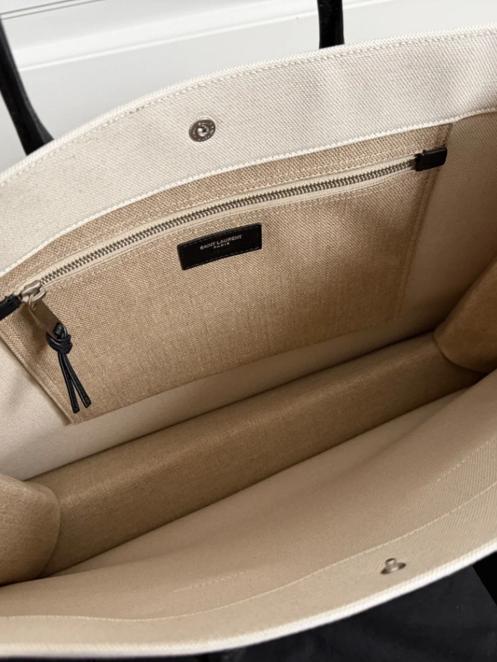 Saint Laurent YSL Rive Gauche White Black Canvas Logo Leather Tote Bag